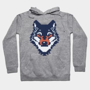 Fair isle knitting grey wolf // spot illustration // navy blue grey and orange wolf Hoodie